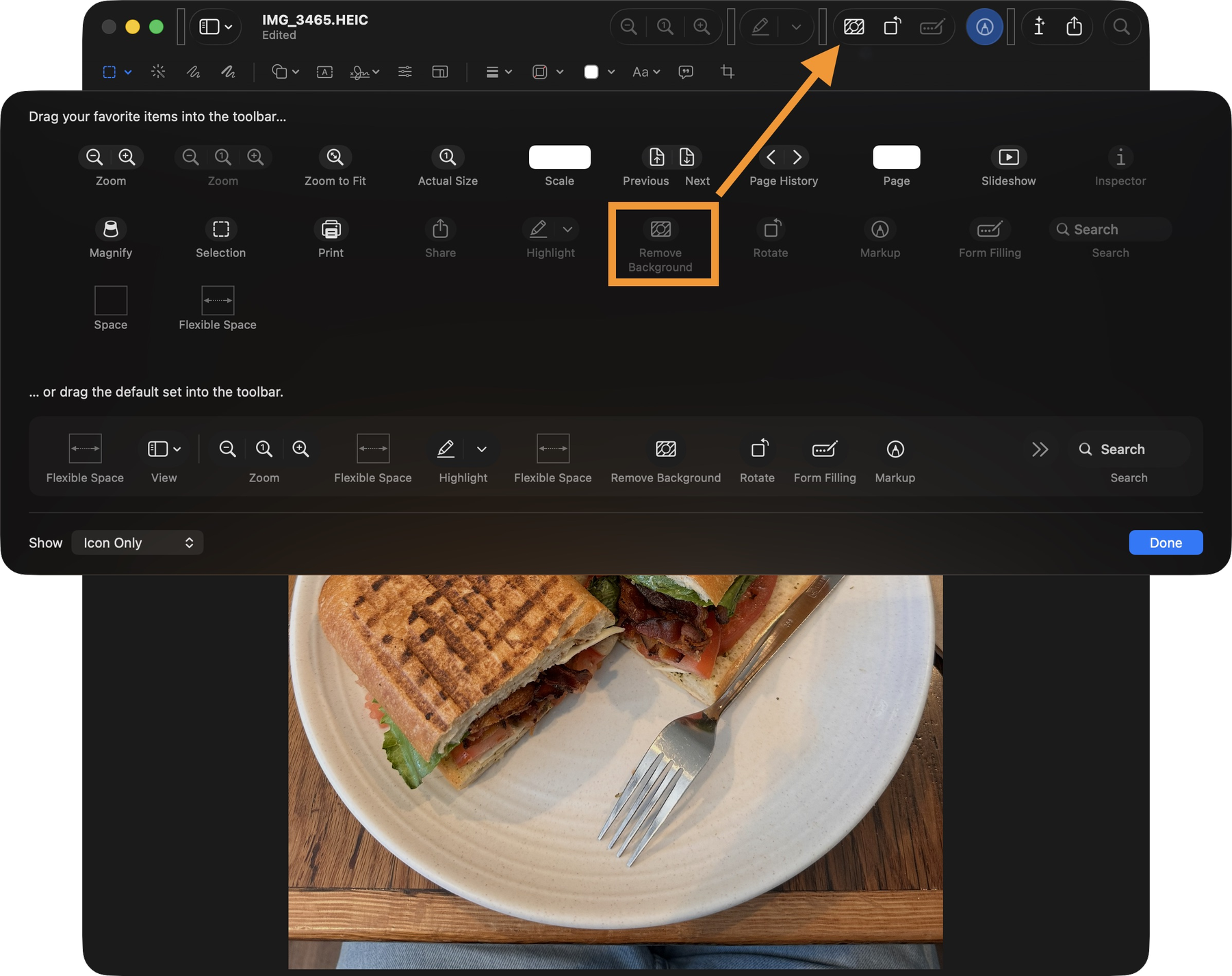 Preview background remover toolbar